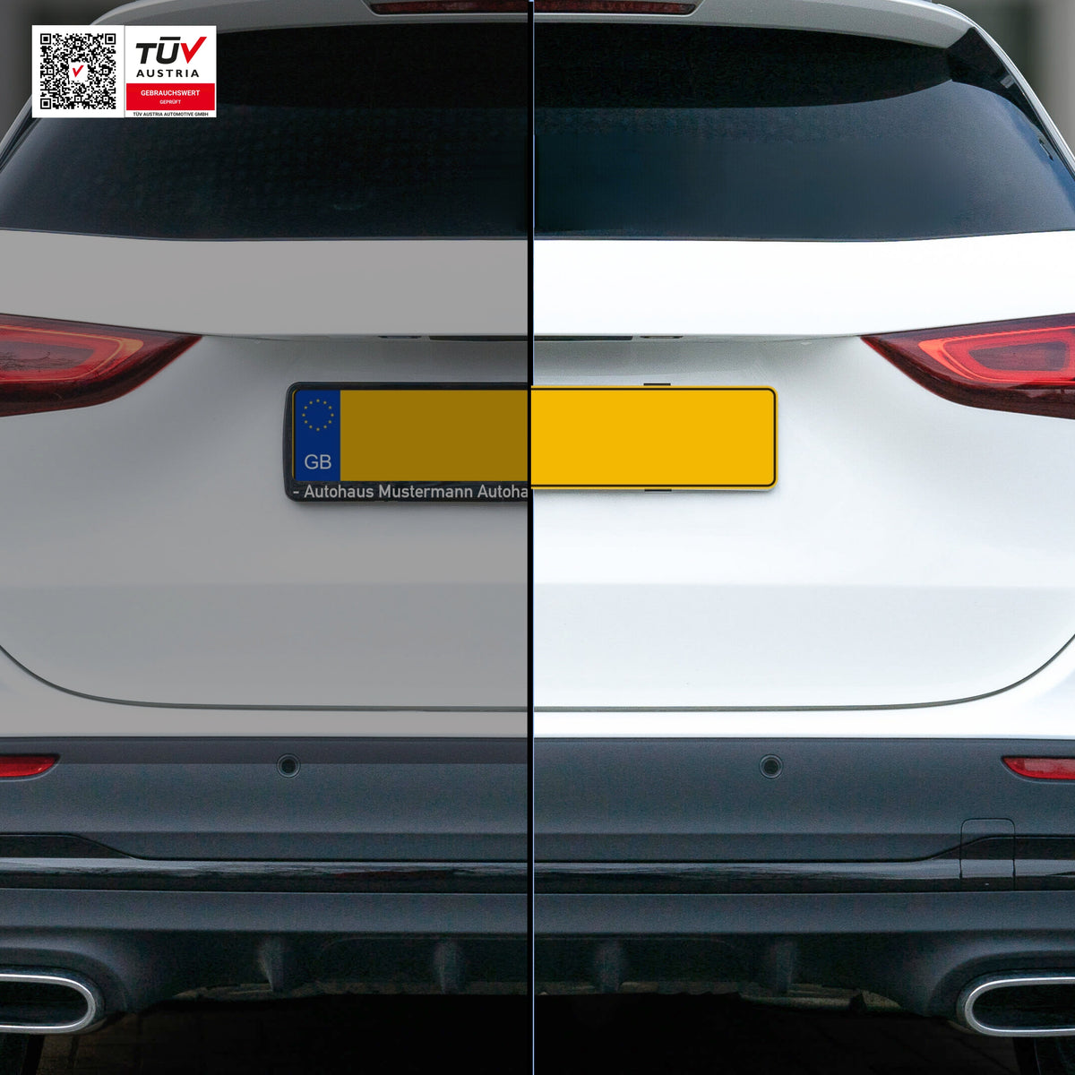 Before and after: rear number plate with dealer surround vs. clean frameless look with PLEXICLICK® V1.3D UK black clips