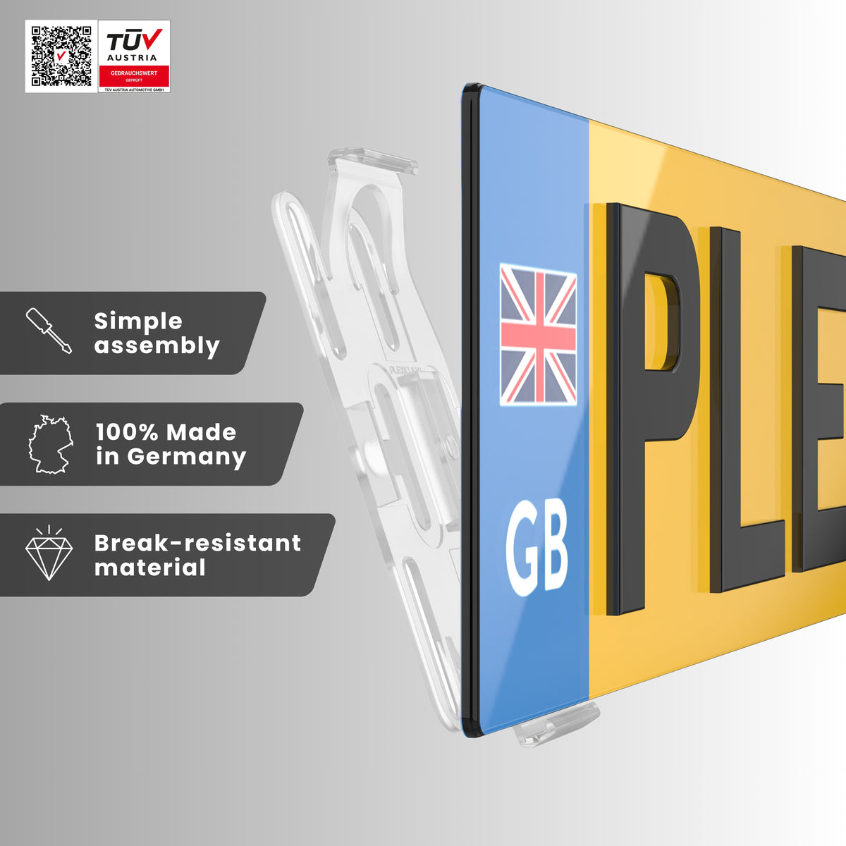 PLEXICLICK® V1.3D UK clear number plate holder – easy fitting, break-resistant plastic, 100% made in Germany, TÜV Austria tested