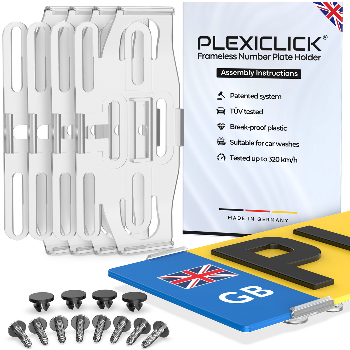 PLEXICLICK® V1.3D UK clear frameless number plate holder clips for acrylic number plates – invisible and advert-free
