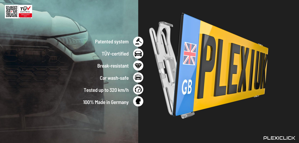 PLEXICLICK® frameless number plate holder for UK plates – TÜV Austria tested clip system, car wash-safe, tested up to 320 km/h, made in Germany